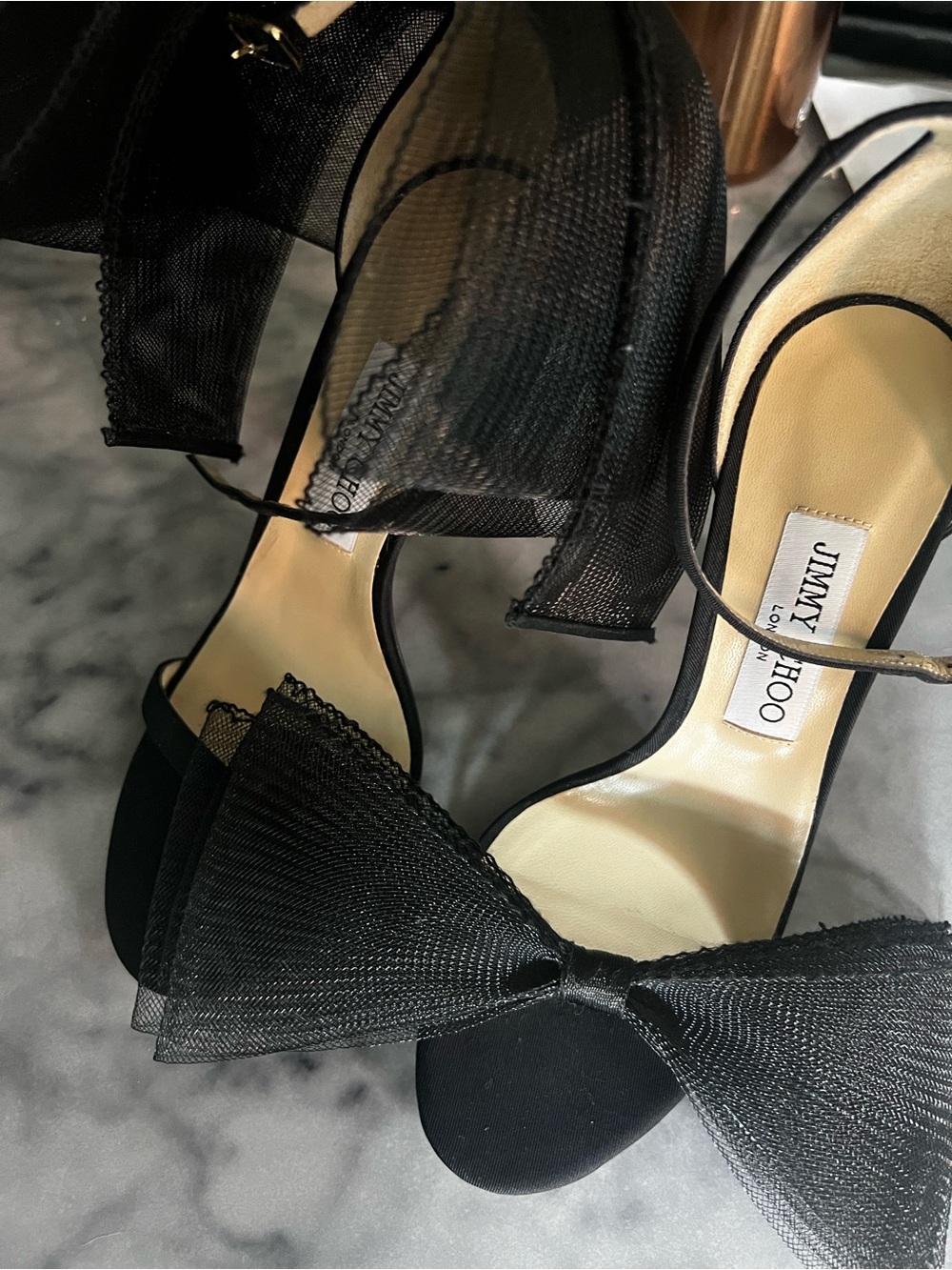 Jimmy Choo Black Satin Tulle Bow Stiletto Sandals